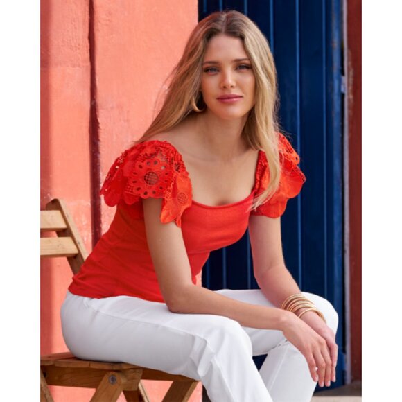 Boston Proper Lace Ruffle Sleeve Sweater Short Sleeve - Picture 1 of 10